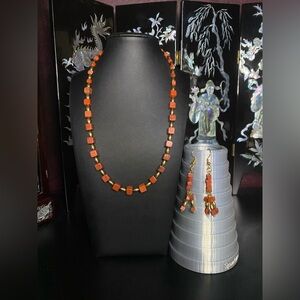 Handmade square red jasper gold tone beaded necklace